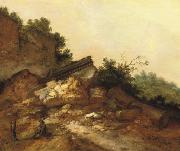 Jacobus Mancadan A rocky landscape with two peasants conversing near classical ruins oil on canvas